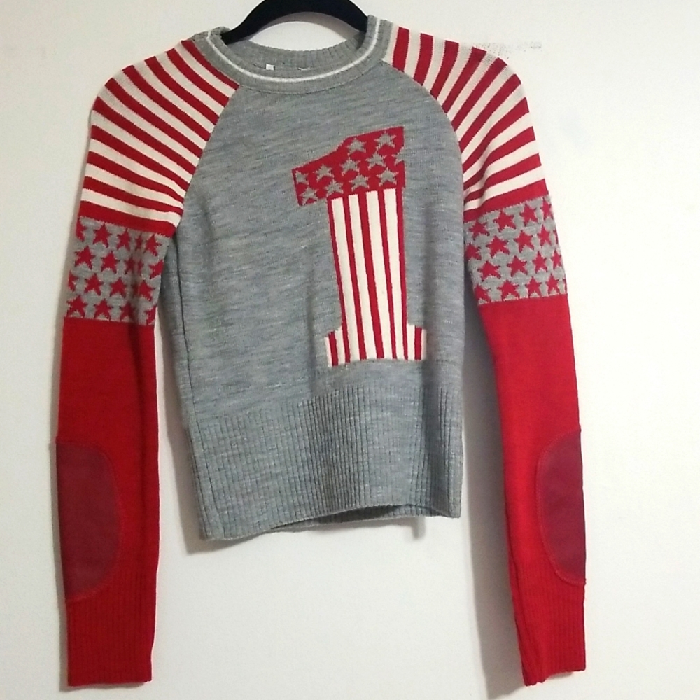 New Vintage Knit Sweater Red Grey White Stars Stripes 1 Small Sharagano?  France - Picture 2 of 10